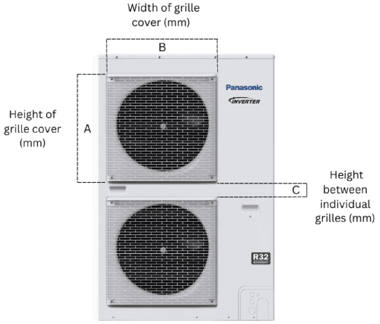 Air diverter sizing guide showing how to measure outdoor AC unit grille height and width
